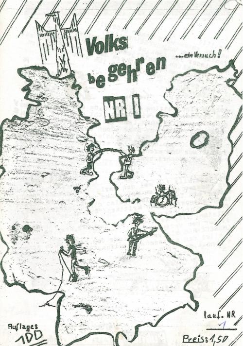 Titelbild des Zines Volksbegehren, zeigt Verbindung zwischen Punks in Westen und Osten auf 