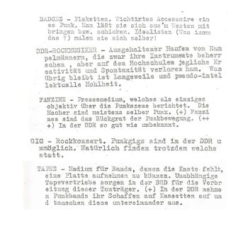 Nachschlagewerk Punk-Kultur in der DDR, Definitionen zu Badges, Gig, Fanzine, DDR-Rockmusik und Tapes