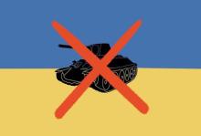 Zeichnung eines durchgestrichenen Panzers auf blau-gelbem Grund